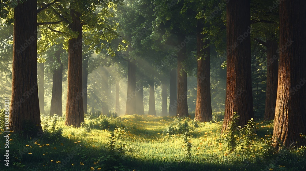 Serene fairyland forest with tall vibrant green trees picture Serene fairyland forest with tall vibrant green trees picture