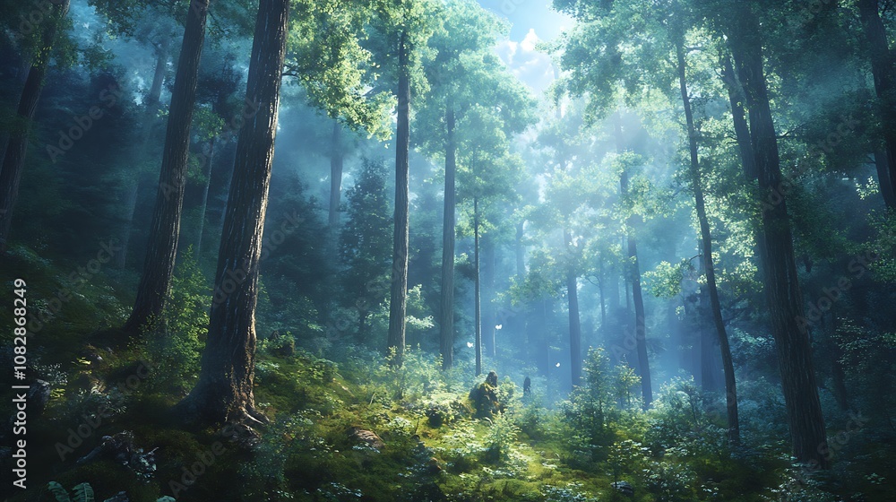 Mystical forest with tall trees and glowing lights photos Mystical forest with tall trees and glowing lights photos