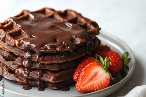 Delicious chocolate waffles with fresh strawberries on plate