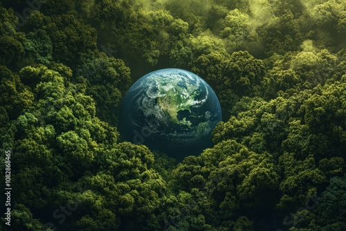 Fototapeta Naklejka Na Ścianę i Meble -  Aerial view of Earth surrounded by lush green forests during a serene daytime