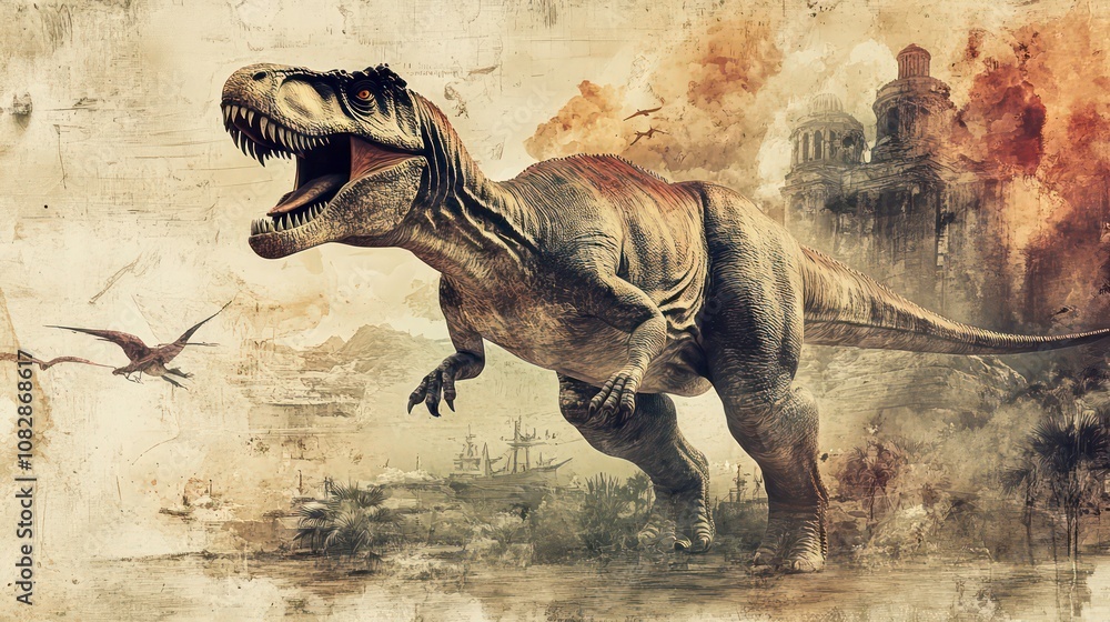 A fearsome Tyrannosaurus Rex roars in a prehistoric landscape. A fearsome Tyrannosaurus Rex roars in a prehistoric landscape.