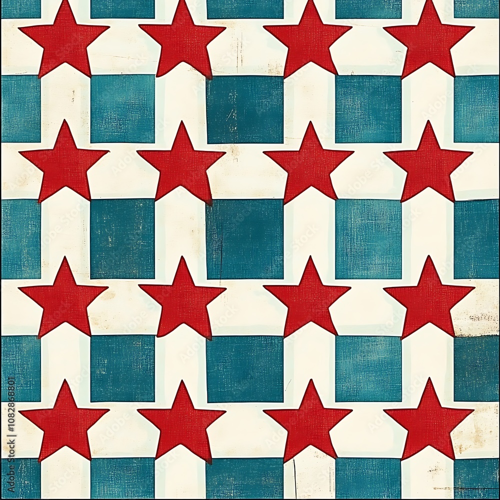 Obraz premium A Distressed Checkerboard Pattern with Red Stars