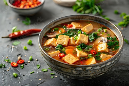 Hot and Spicy Tofu Soup with Vegetables, Mushrooms, and Red Chili Garnished with Fresh Herbs in a Rustic Bowl