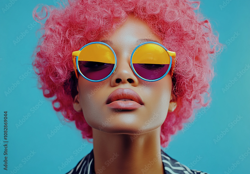 A stylish young woman with vibrant pink curls wears colorful round sunglasses against a bright blue background in an indoor setting A stylish young woman with vibrant pink curls wears colorful round sunglasses against a bright blue background in an indoor setting