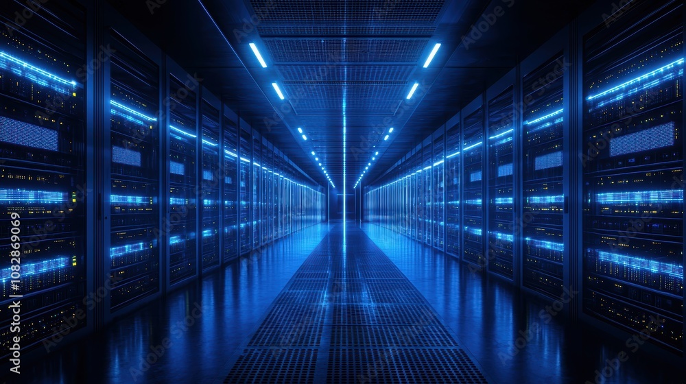 Futuristic Data Center with Blue LED Lights and Advanced Server Technology for IT Solutions Futuristic Data Center with Blue LED Lights and Advanced Server Technology for IT Solutions