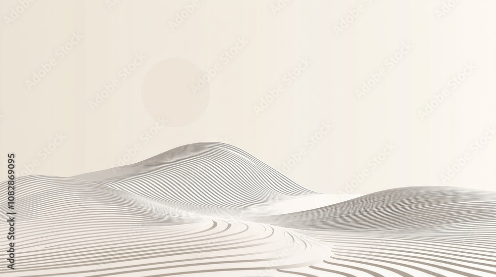 Line art illustration of a flowing wave pattern and concentric circles in sand representing serenity and balance in a minimalist zen garden with ample copy space Line art illustration of a flowing wave pattern and concentric circles in sand representing serenity and balance in a minimalist zen garden with ample copy space
