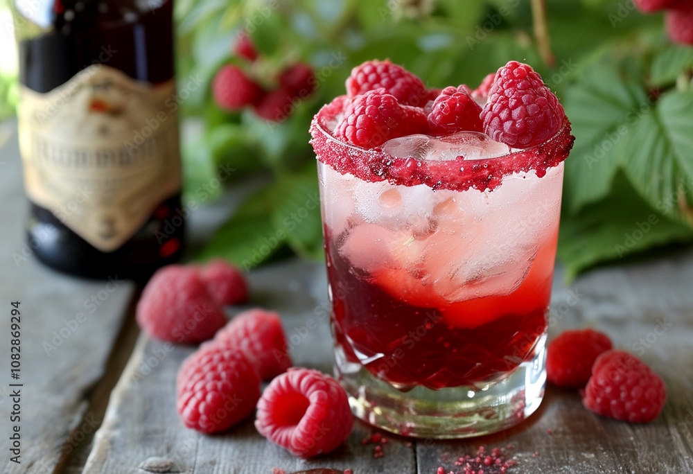 Refreshing raspberry cocktail on a rustic wooden table surrounded by fresh berries Refreshing raspberry cocktail on a rustic wooden table surrounded by fresh berries