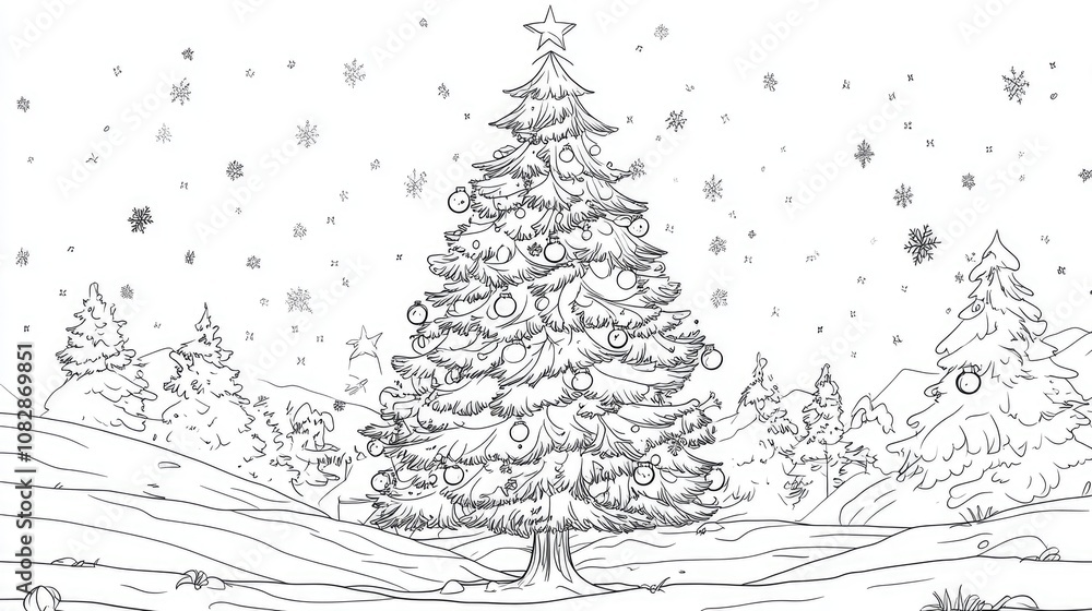 Line art illustration of a Christmas tree suitable for coloring A festive holiday coloring book designed for both children and adults Line art illustration of a Christmas tree suitable for coloring A festive holiday coloring book designed for both children and adults