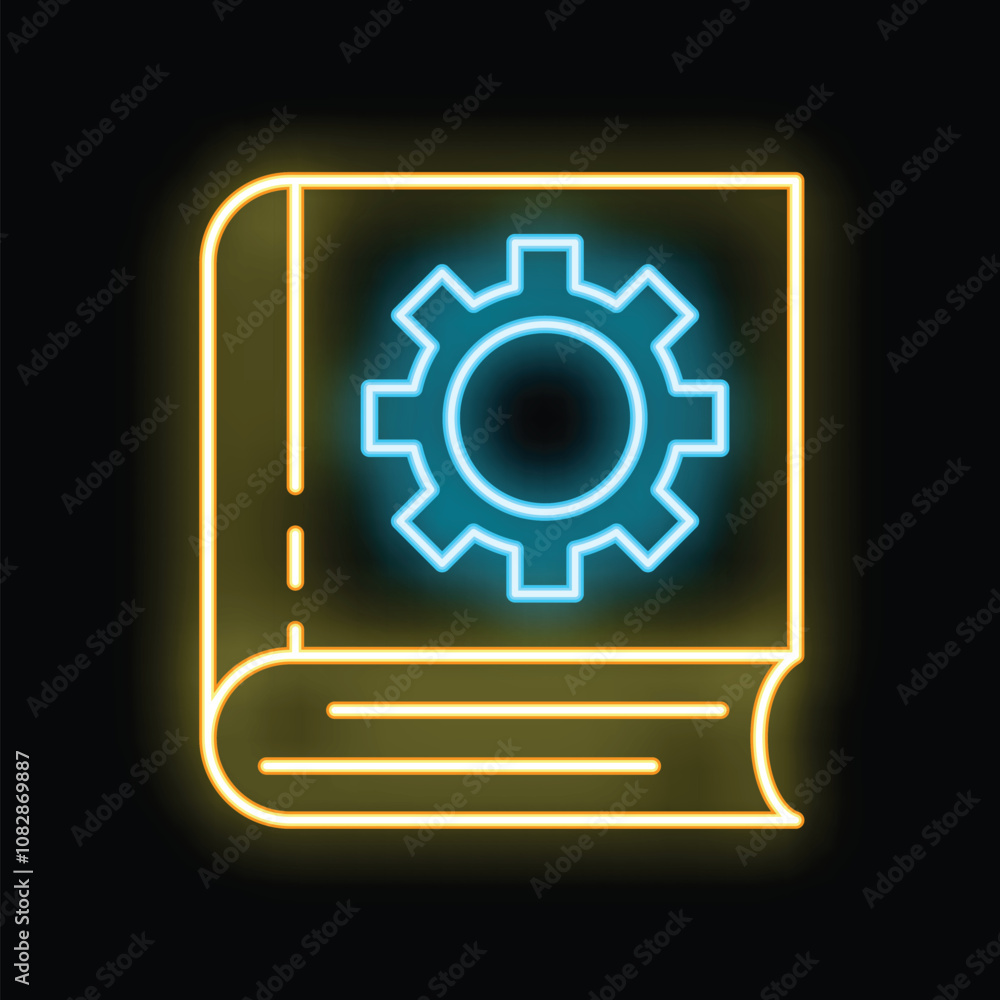 Glowing neon icon featuring a book with a prominent cogwheel on its cover, representing technical documentation and manuals Glowing neon icon featuring a book with a prominent cogwheel on its cover, representing technical documentation and manuals