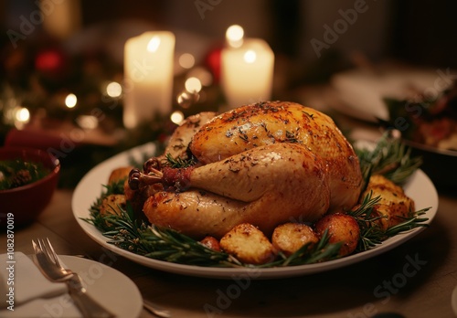 beautifully carved turkey, perfectly cooked and centered on the dining table