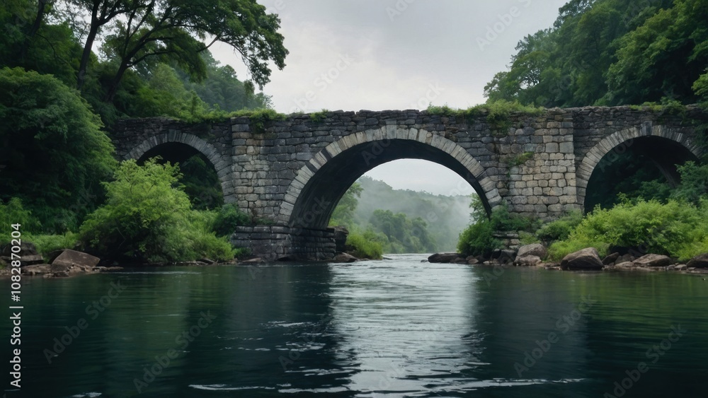 Fototapeta premium Ancient Stone Bridge Over a Calm River Surrounded by Lush Greenery on a Misty Day