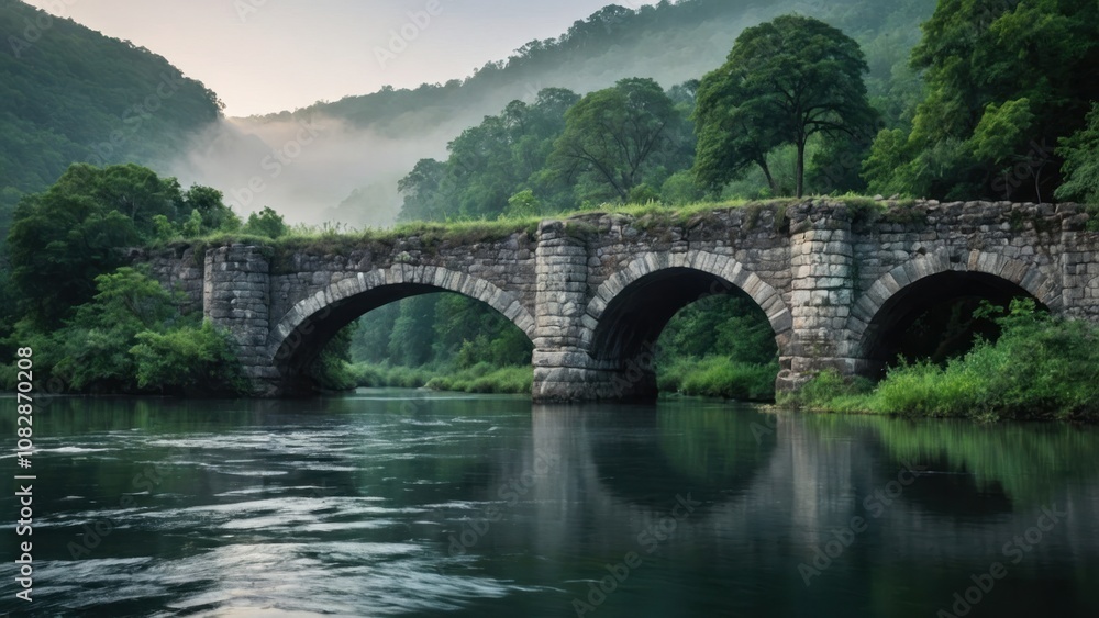 Fototapeta premium Ancient Stone Bridge Over a Calm River Surrounded by Lush Greenery on a Misty Day
