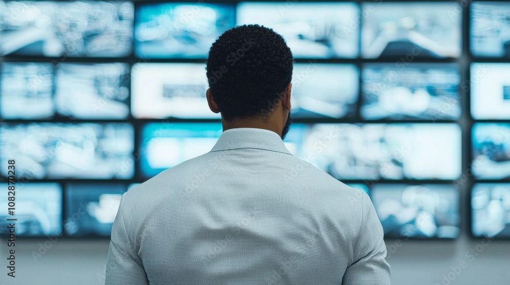 Monitoring security systems professional analyst observing multiple screens in control room high-tech environment focused perspective Monitoring security systems professional analyst observing multiple screens in control room high-tech environment focused perspective