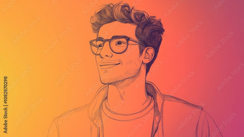 Warm gradient line drawing illustration of a cartoon character Warm gradient line drawing illustration of a cartoon character