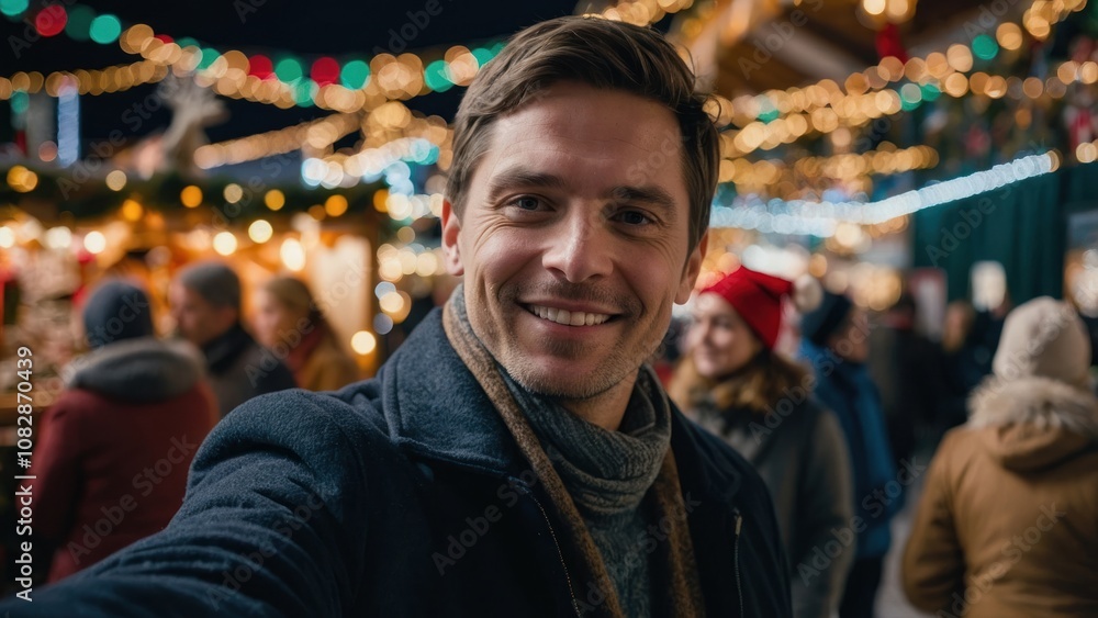 A Man Smiling at a Festive Holiday Market Filled With Lights and Joyful Shoppers at Night A Man Smiling at a Festive Holiday Market Filled With Lights and Joyful Shoppers at Night