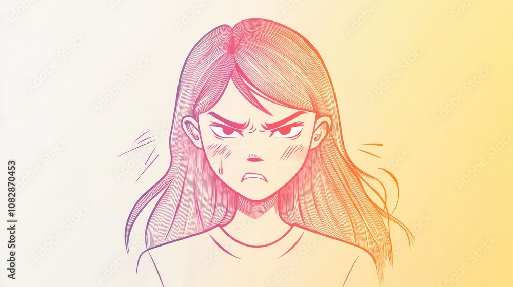 Line art illustration of a warm gradient depicting a cartoon woman expressing anger Line art illustration of a warm gradient depicting a cartoon woman expressing anger