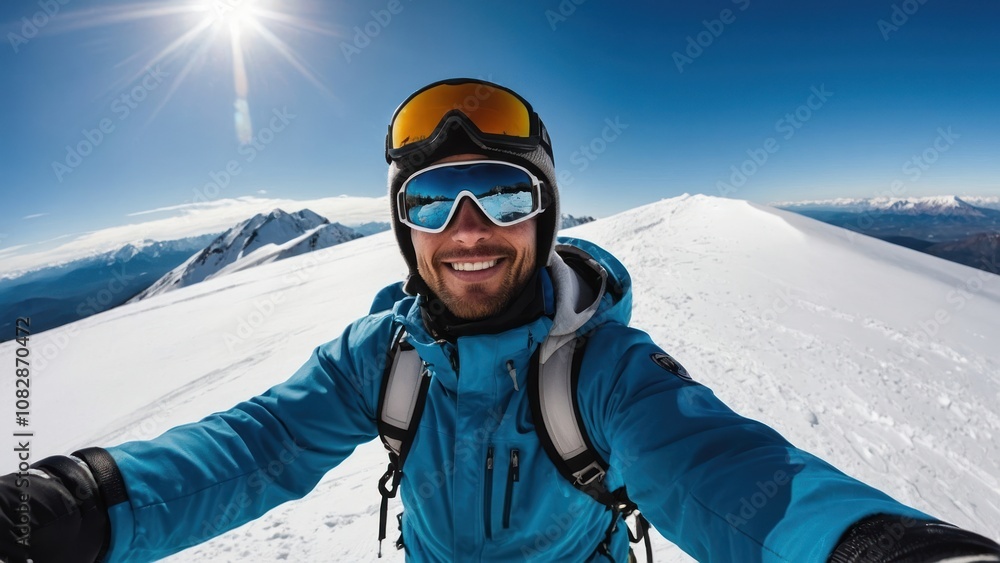Adventurer Enjoying the View From a Snowy Mountain Summit on a Bright Sunny Day Adventurer Enjoying the View From a Snowy Mountain Summit on a Bright Sunny Day