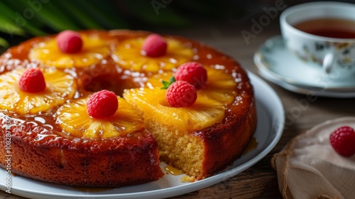 Honey pineapple upside down cake decorated with raspberries. The cake is on a wooden table near a cup of tea