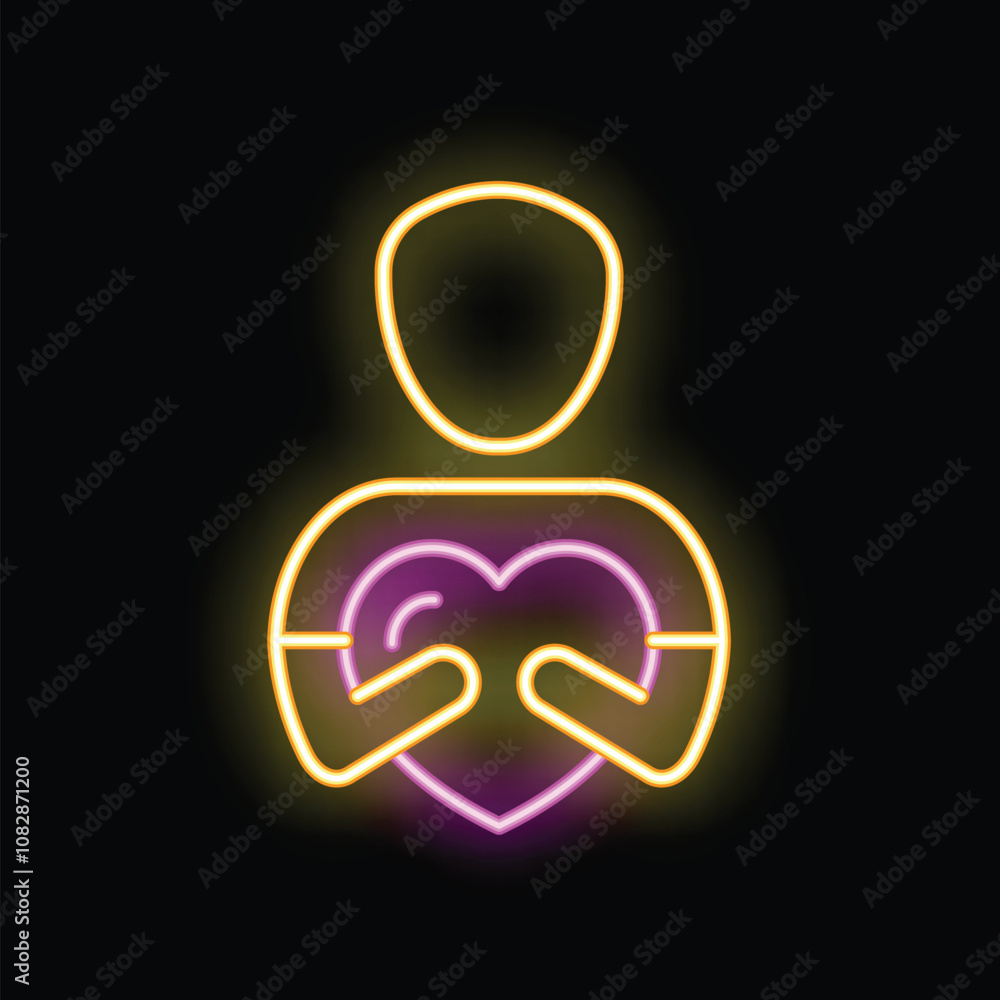 Neon sign of a person holding a heart, symbolizing love, care, and affection Neon sign of a person holding a heart, symbolizing love, care, and affection