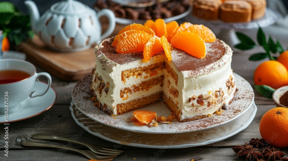 Mandarine tiramisu cake set on a wooden table. The dessert display and cozy ambiance evoke a classic, inviting tea-time setting Mandarine tiramisu cake set on a wooden table. The dessert display and cozy ambiance evoke a classic, inviting tea-time setting