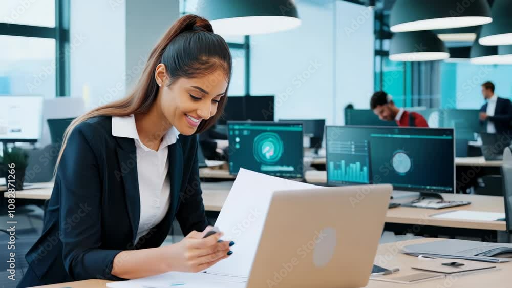 Smiling businesswoman reviewing documents at her desk in a modern office environment with technology-focused screens in the background Smiling businesswoman reviewing documents at her desk in a modern office environment with technology-focused screens in the background