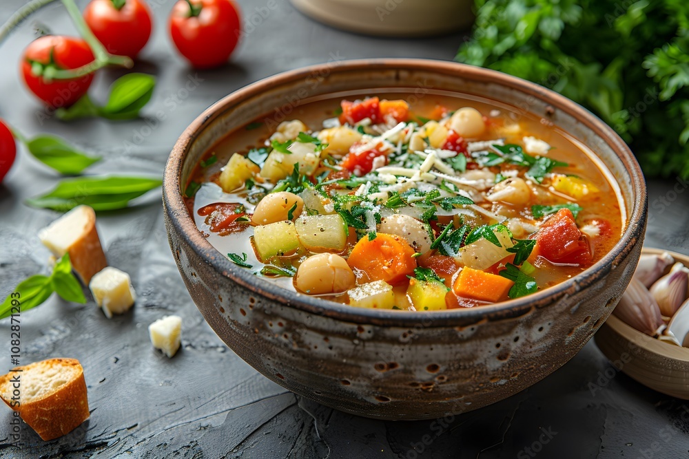 Hearty Minestrone Soup with Vegetables, Beans, and Fresh Parmesan Cheese, Garnished with Herbs and Served in a Rustic Bowl
Hearty Minestrone Soup with Vegetables, Beans, and Fresh Parmesan Cheese, Garnished with Herbs and Served in a Rustic Bowl
