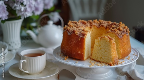 Louisiana crunch cake set on a wooden table. The dessert display and cozy ambiance evoke a classic, inviting tea-time setting