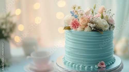 Tall cylindrical classic light blue cake exquisitely decorated with edible flowers, the picture is in pastel colors with soft light and blurred background