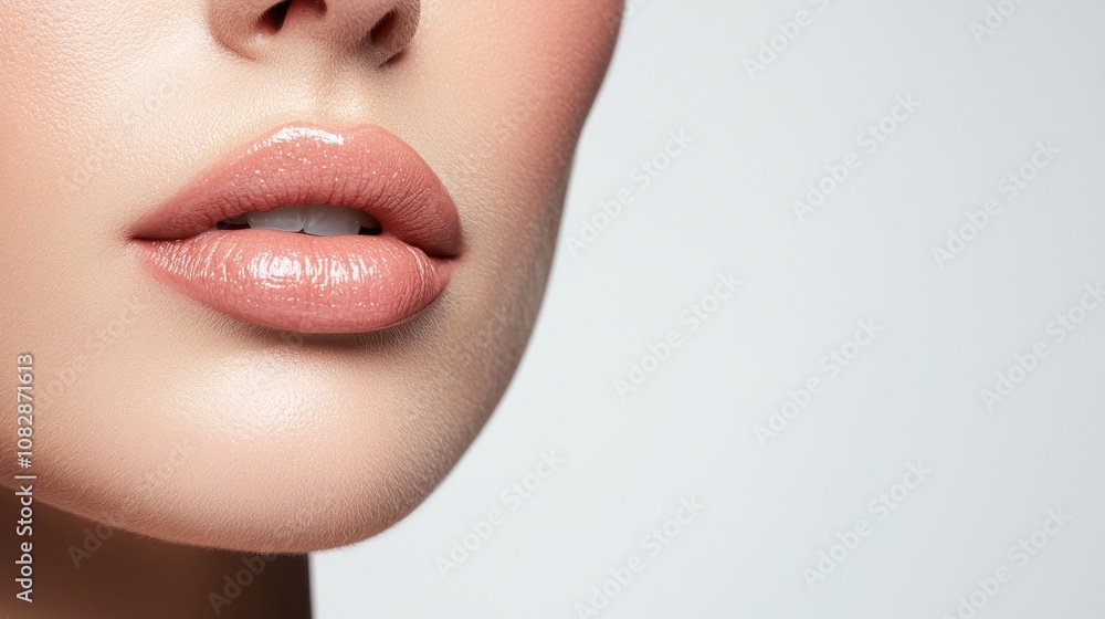 Close-up action of glossy lips studio beauty photography minimalist background portrait view modern aesthetic Close-up action of glossy lips studio beauty photography minimalist background portrait view modern aesthetic