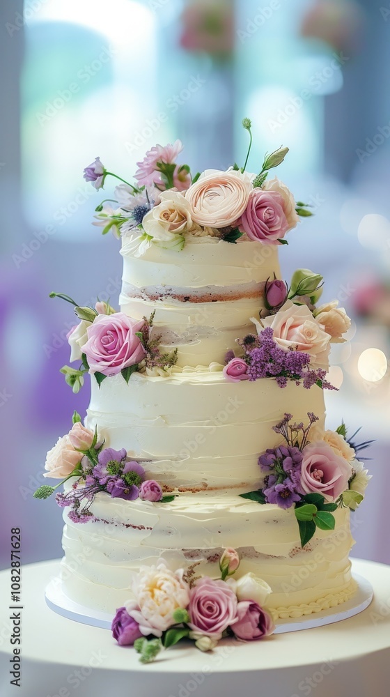 Classic white wedding cake with three layers exquisitely decorated with edible flowers, the picture is in pastel colors with soft light and blurred background