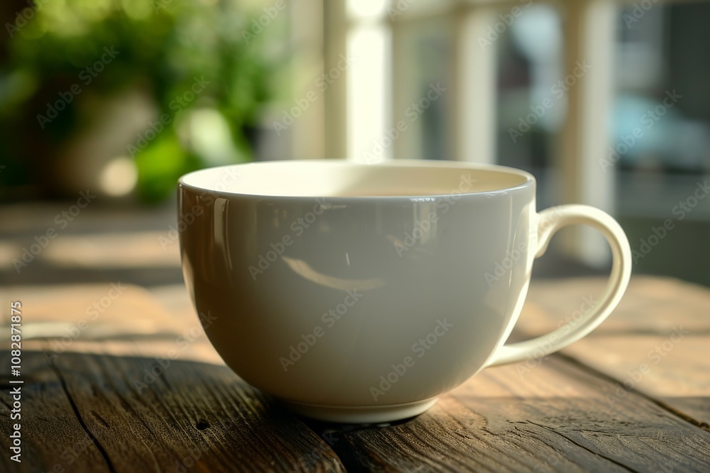 Minimalist white tea cup mockup on a wooden table Minimalist white tea cup mockup on a wooden table