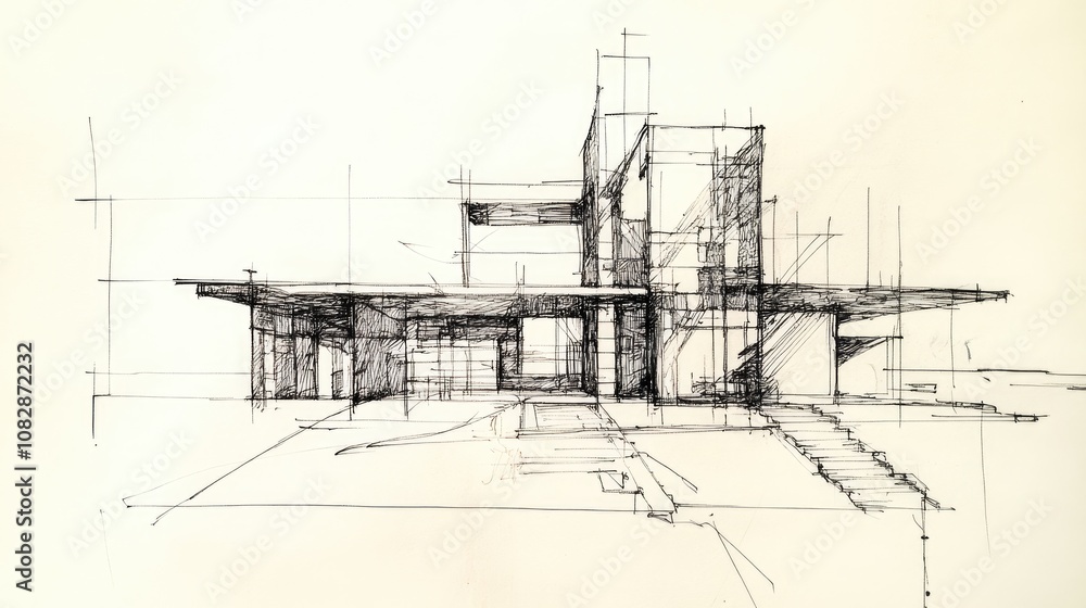Line art illustration featuring a hand drawn simple sketch of an architectural silhouette Line art illustration featuring a hand drawn simple sketch of an architectural silhouette