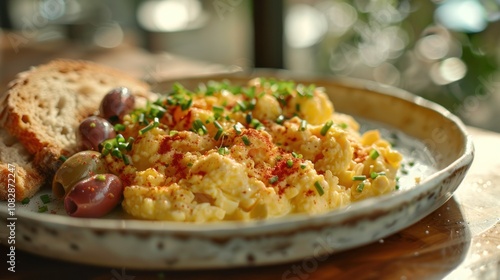 Scrambled eggs with chives and paprika served with toasted bread and olives on a white plate.