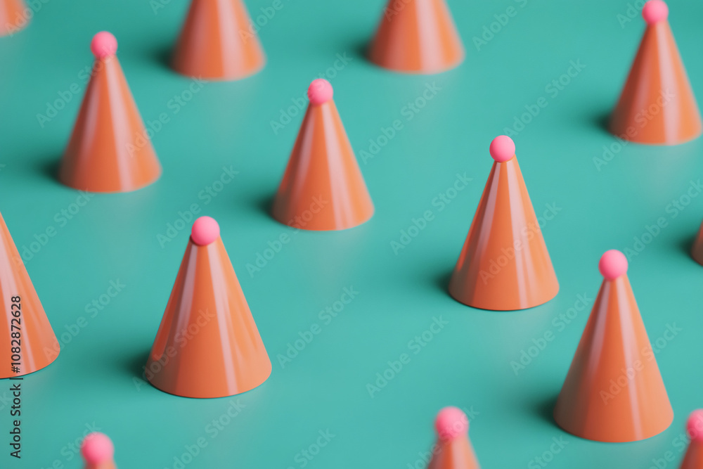 Orange party hats with pink pom-poms are arranged in a pattern on a teal background Orange party hats with pink pom-poms are arranged in a pattern on a teal background