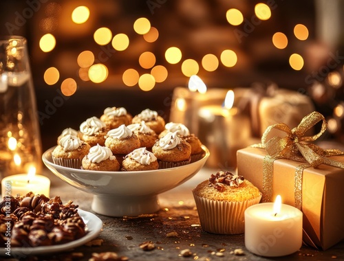 beautifully decorated table with traditional Diwali sweets like laddus and cupcakes photo