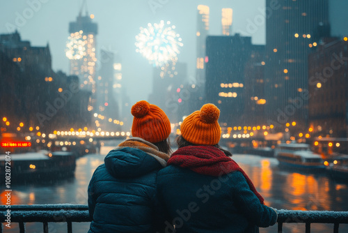 Two tourists wearing orange hats watching fireworks exploding over chicago river during snowfall at night