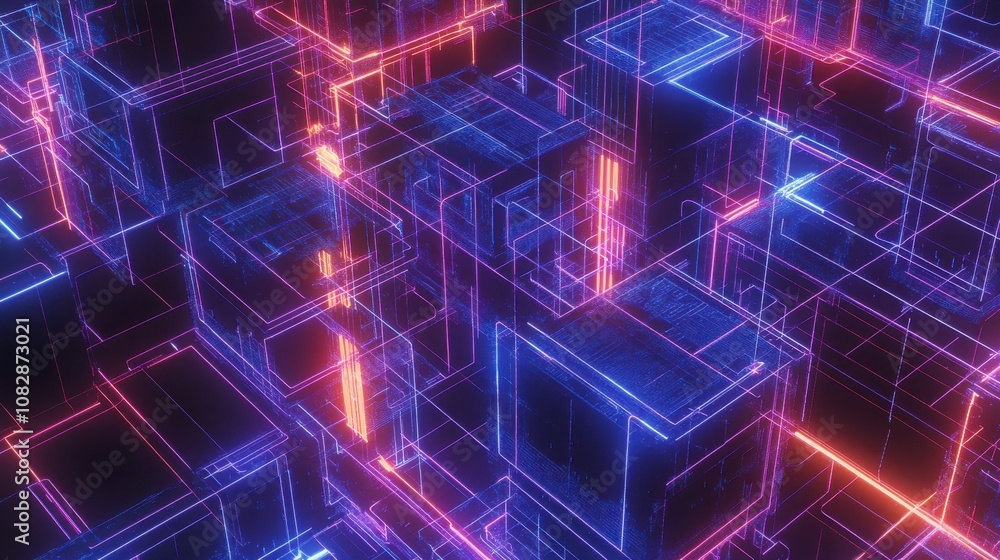 Isometric Vector Illustration of Neon Data Flow Model Isometric Vector Illustration of Neon Data Flow Model