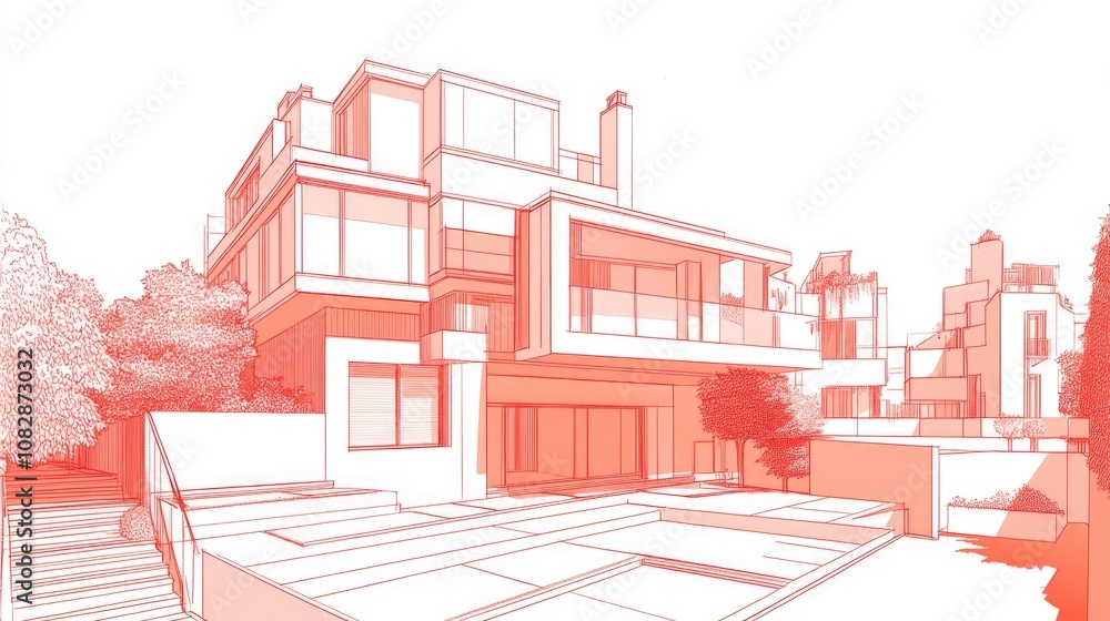 Line art illustration depicting 3D architectural design Line art illustration depicting 3D architectural design