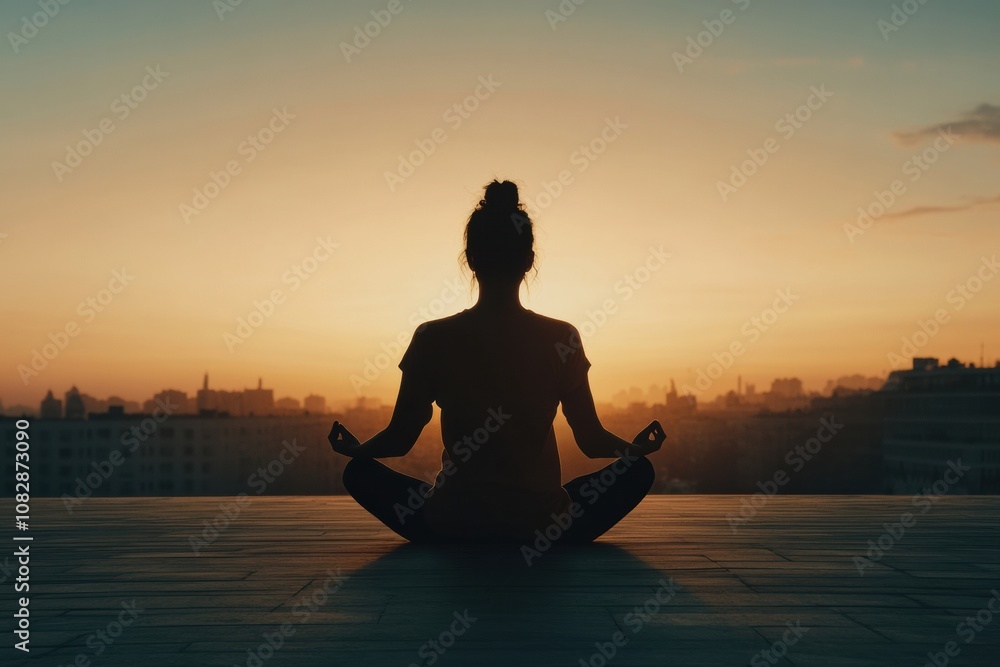 Silhouetted against the warm glow of the sunset, an individual meditates, finding inner peace and tranquility in a calming environment. Generative AI Silhouetted against the warm glow of the sunset, an individual meditates, finding inner peace and tranquility in a calming environment. Generative AI