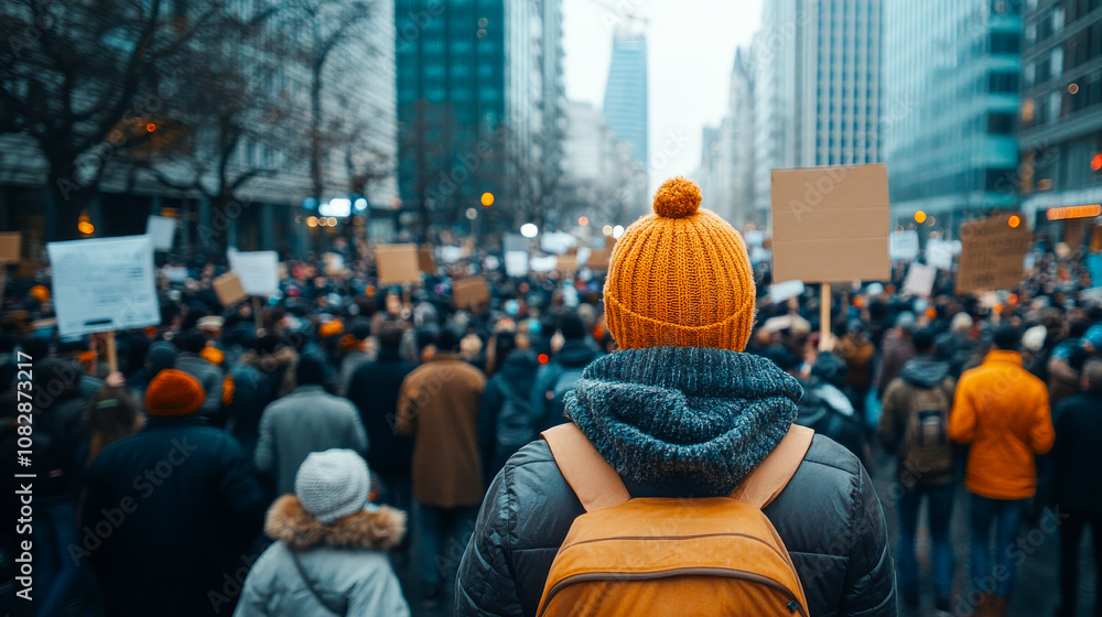 Protester walking in demonstration, holding blank protest sign in urban environment Protester walking in demonstration, holding blank protest sign in urban environment