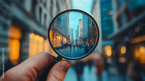 Hand Holding Magnifying Glass Focusing on Urban Street Scene with People Walking Amidst Tall Buildings and City Lights in a Modern Cityscape