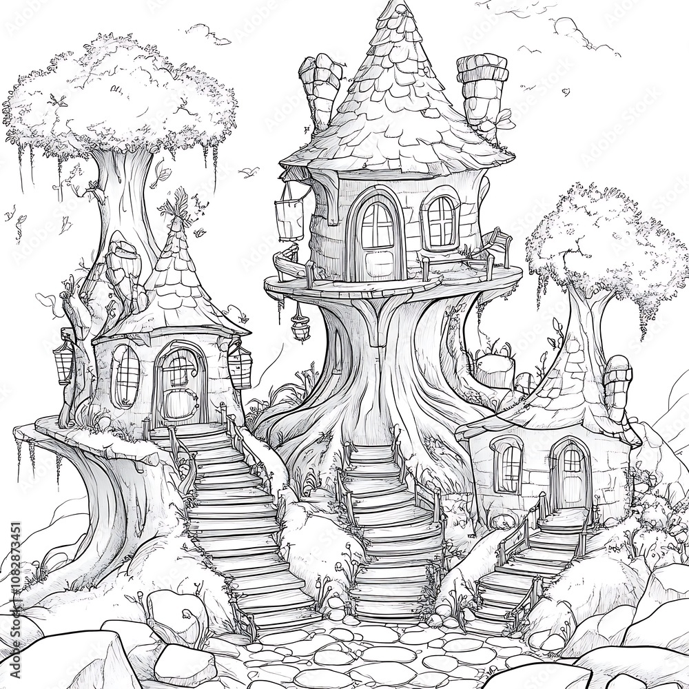 Fototapeta premium Coloring page featuring magical fairy treehouses for kids image