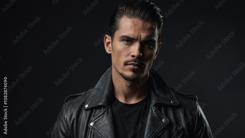 Fototapeta premium Portrait of a Man in a Leather Jacked on a Dark Background