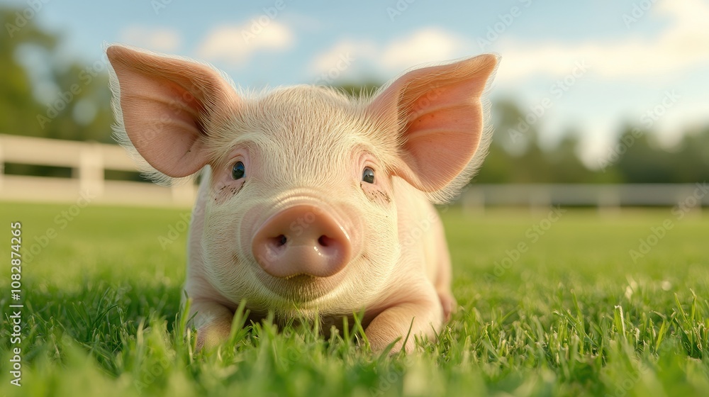 Adorable piglet lounging under the sun on green grass at a serene farm retreat, gazing curiously at the viewer Adorable piglet lounging under the sun on green grass at a serene farm retreat, gazing curiously at the viewer