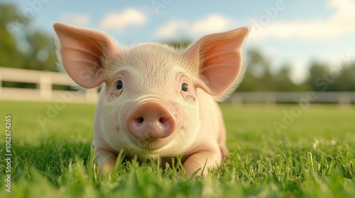 Adorable piglet lounging under the sun on green grass at a serene farm retreat, gazing curiously at the viewer