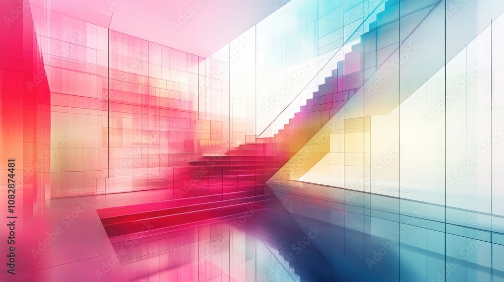 Line art illustration of an abstract architectural interior featuring a gradient geometric glass sculpture with 3D rendering elements Line art illustration of an abstract architectural interior featuring a gradient geometric glass sculpture with 3D rendering elements