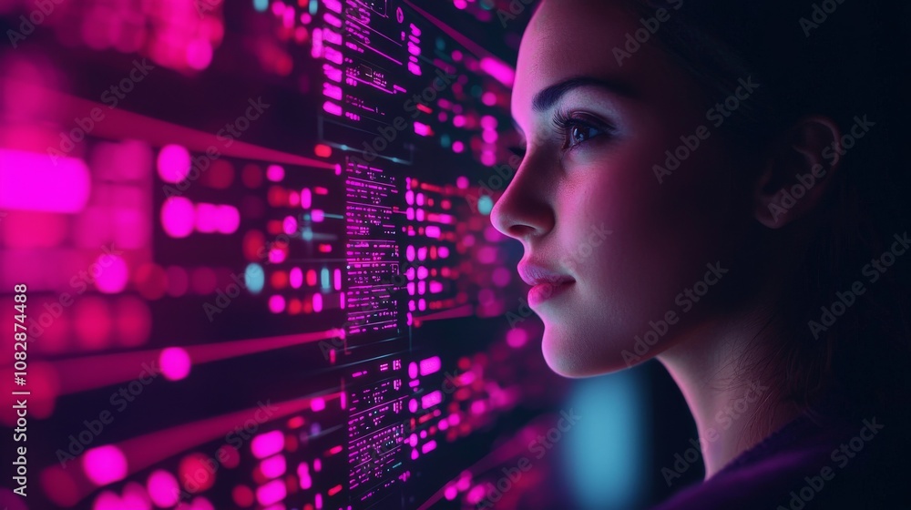 Analyzing digital data streams futuristic technology lab portrait of a young woman neon lighting environment close-up viewpoint concept of data visualization Analyzing digital data streams futuristic technology lab portrait of a young woman neon lighting environment close-up viewpoint concept of data visualization