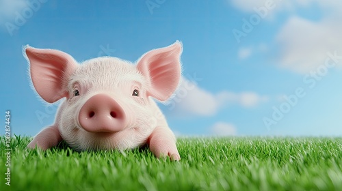 A charming piglet resting on vibrant green grass, gazing curiously at the camera on a sunny farm day