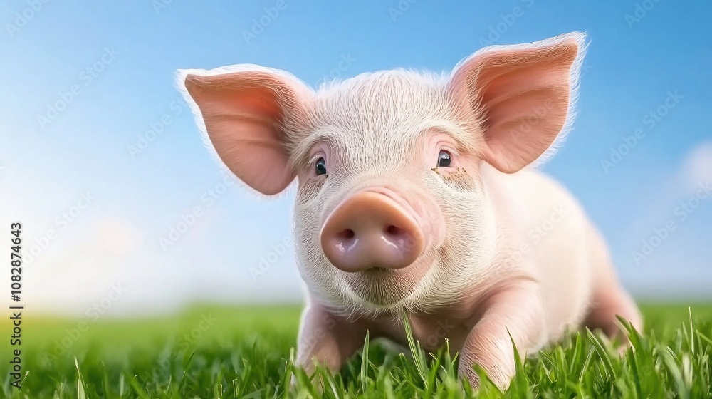 A delightful piglet lounging in the lush green grass on a sunny farm, capturing the essence of adorable animal life and nature's beauty A delightful piglet lounging in the lush green grass on a sunny farm, capturing the essence of adorable animal life and nature's beauty