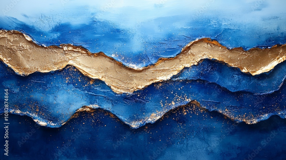 Abstract artwork depicting waves in blue and gold tones, evoking a sense of calm and elegance. Abstract artwork depicting waves in blue and gold tones, evoking a sense of calm and elegance.